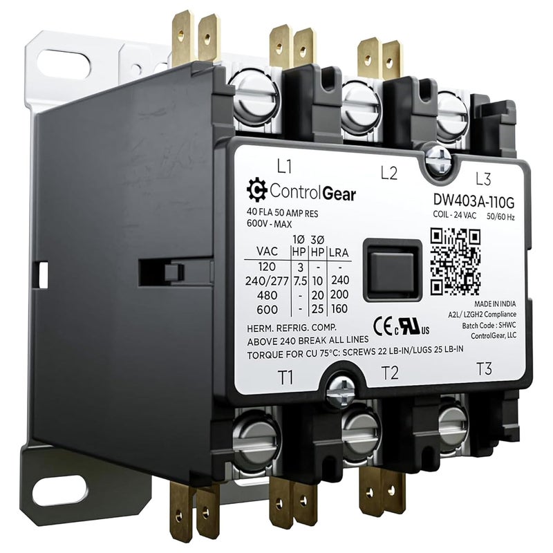 ControlGear 3 Pole Definite Purpose Contactor 24V Coil, 40 Amp Definite Purpose, UL Recognized and Approved for use with A2L Refrigerants, Line Lugs, Load Screws, DW403A-11 (3P 40A 24V Coil) - Image 1